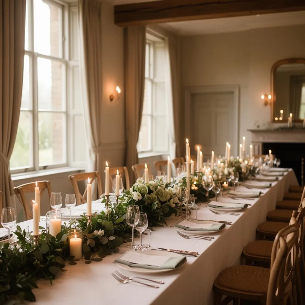 Elegant wedding venue reception room with warm lighting and tables set for a celebration.