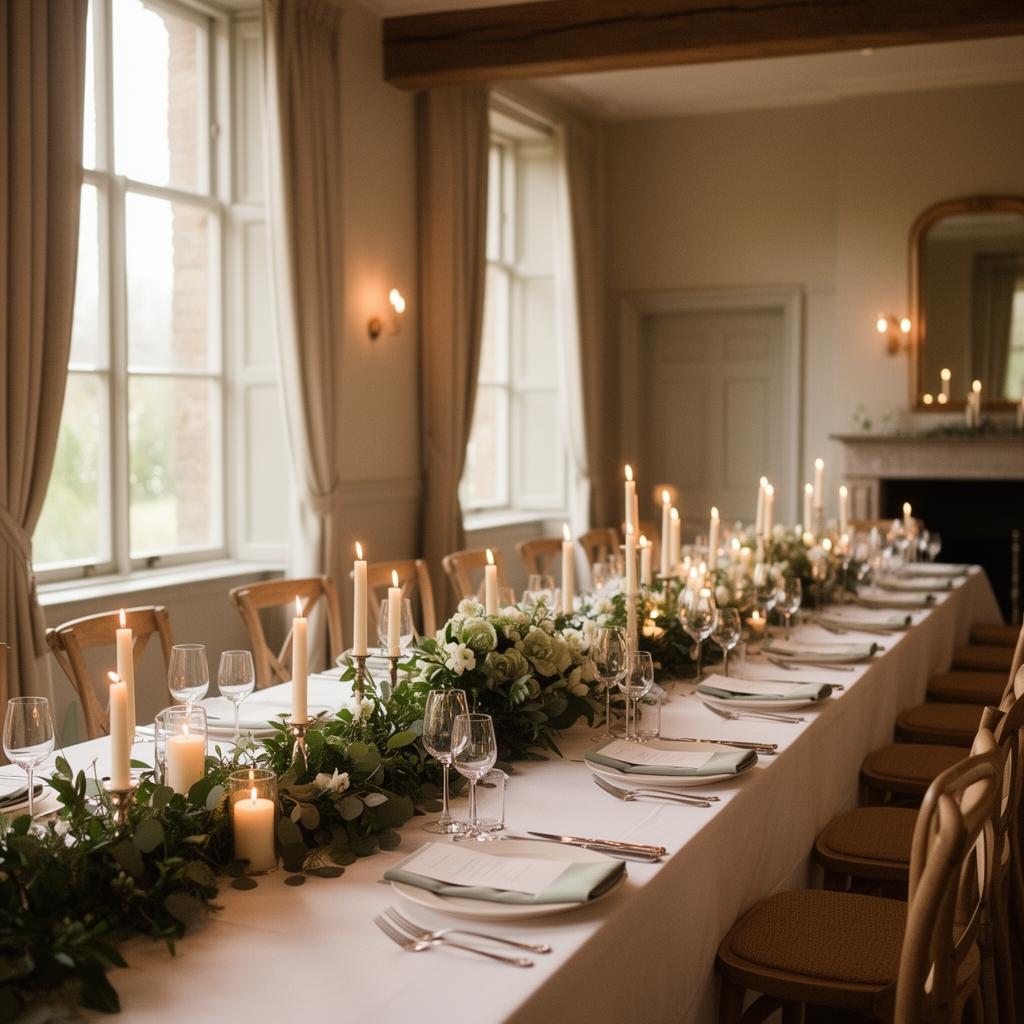 Elegant wedding venue reception room with warm lighting and tables set for a celebration.